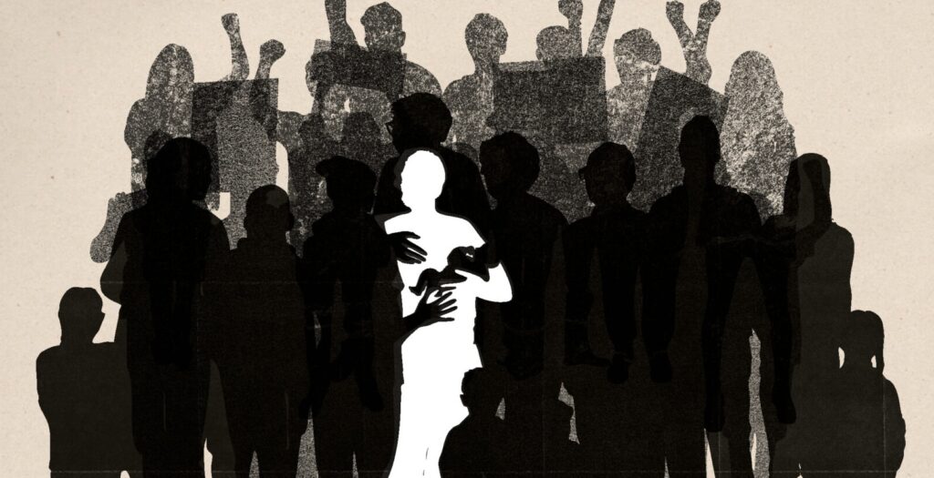 dessin réalisé par le collectif SAVE. Stop aux violences d'Etat. Ombres de différentes personnes qui entourent Souheil en blanc