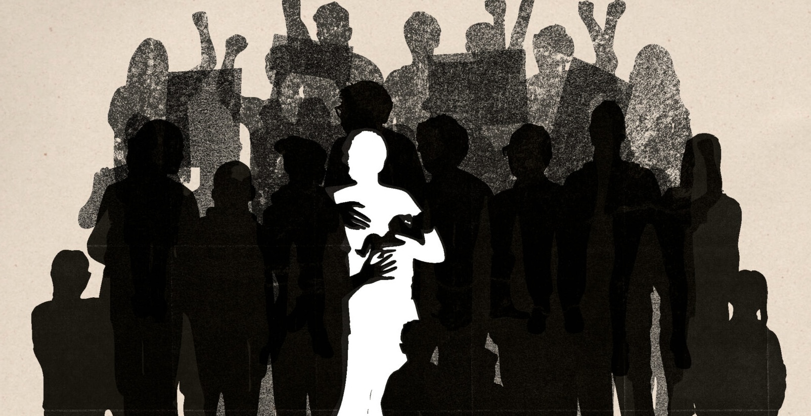 dessin réalisé par le collectif SAVE. Stop aux violences d'Etat. Ombres de différentes personnes qui entourent Souheil en blanc